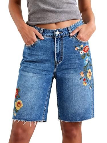 Mid Rise Denim Bermuda Shorts for Women Wash Floral Embroidery Loose Fit Casual Summer Jean Short... | Amazon (US)