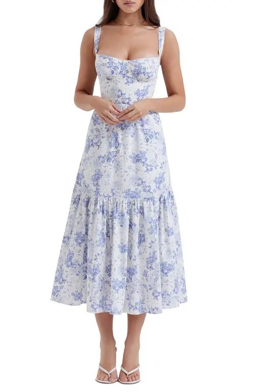 HOUSE OF CB Floral Stretch Cotton Blend Corset Sundress in Blue Print Flower at Nordstrom, Size Smal | Nordstrom