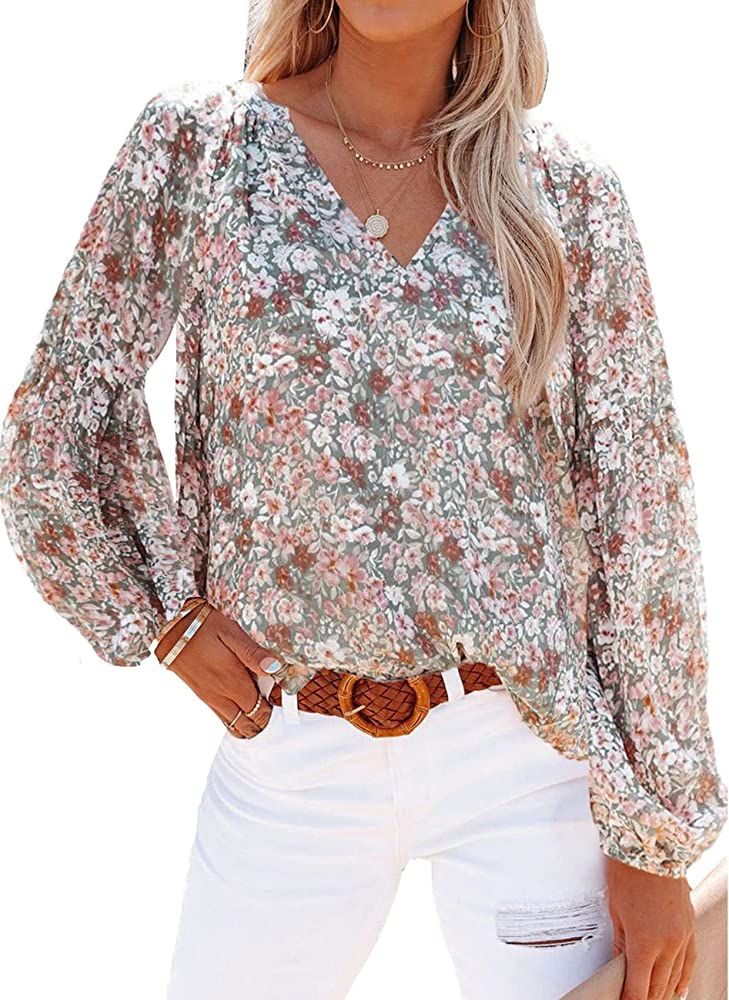 LuckyMore Womens Boho Tops Floral Pleated V Neck Long Sleeve Flattering Summer Blouse Shirts | Amazon (US)