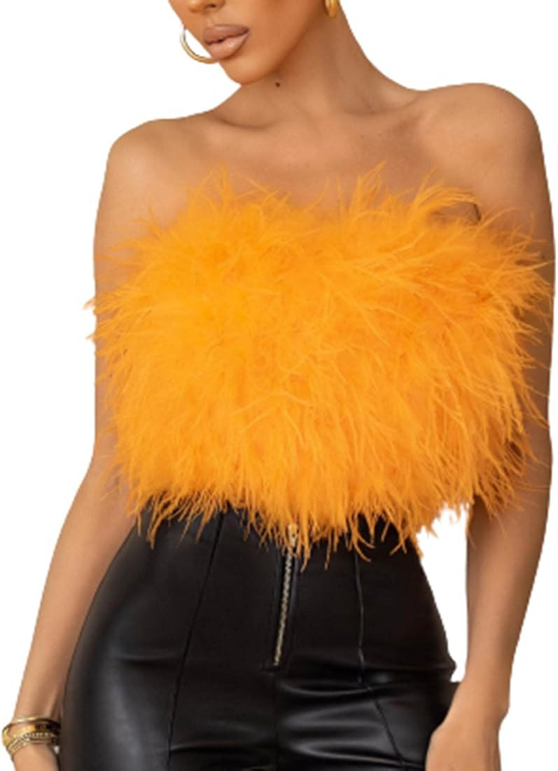 WenaZao Women Artificial Fur Feather Vest Top Strapless Fluffy Backless Slim Fit Tube Tops Sexy Part | Amazon (US)