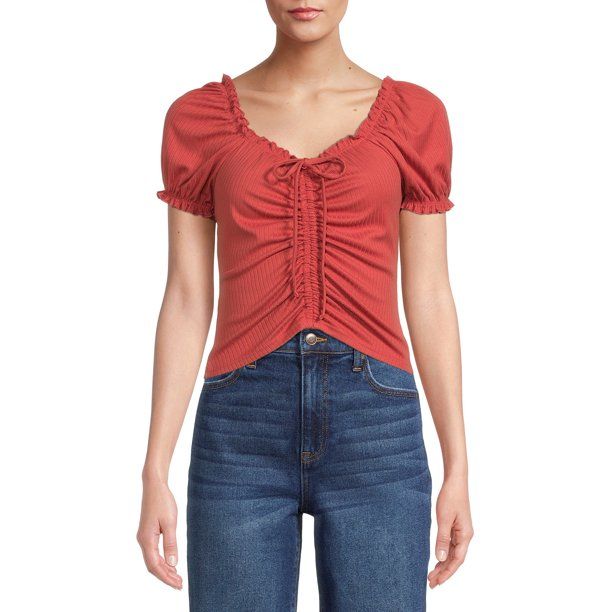 No Boundaries Juniors Ruched Top with Puff Sleeves | Walmart (US)