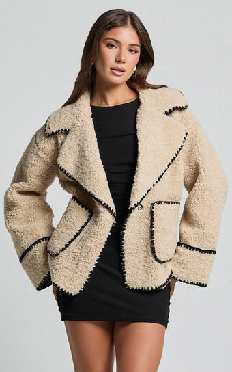 Adeline Jacket - Oversized Blanket Stitched Shearling Jacket in Caramel | Showpo (US, UK & Europe)