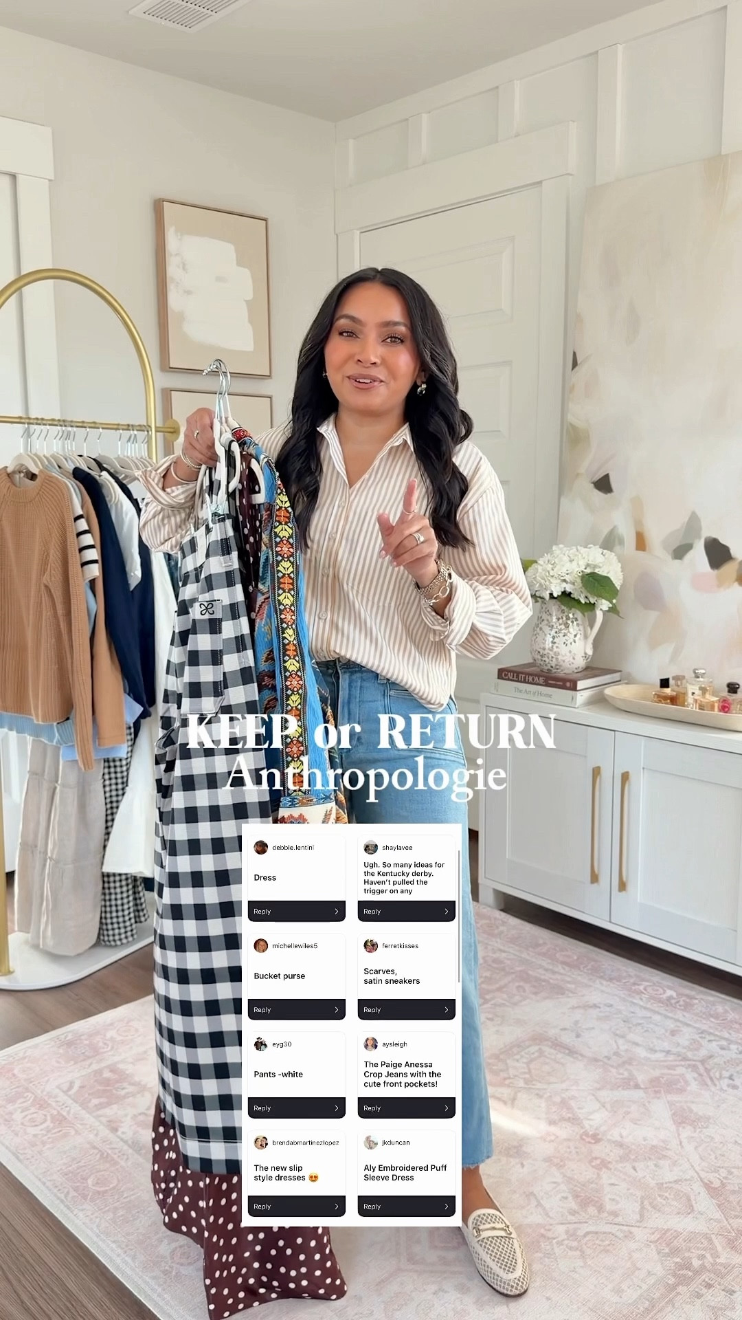 Anthropologie Try On! Use code  JEAN20 for 20% off full priced order $100+, ends 3/9. Keep or return - your requests!
For reference: I’m 5’0, 32b bra size, and 2/26 in bottoms, pear shaped. 
*Everything I share is unaltered! TTS means true to size. Between size 5-6.5 in shoes

Tan stripe button down size xxs petite TTS
Crop wide leg jeans in color vail size 26 petite TTS
Mesh loafers size 5 TTS - if in between sizes, size up a half size


Brown gingham and denim blue mary jane espadrille shoes size 5-5.5 but found them to be small so would size up to the 6-6.5

Multi color strip cardigan size xxs TTS - size up if you have a larger bust

Floral maxi dress size xs petite TTS - did not like this dress

Black gingham top size xxs regular TTS, size up a size if you have a larger bust
Black gingham pants size 26 petite TTS
Clear heels size 5 TTS


Blue floral belted dress size xxs regular TTS - Anthro did not have many petite size options available right now!
Tan heels size 5 TTS

Brown dot dress size xs petite TTS
Heels are old, similar linked




#LTKgrwm #LTKSaleAlert #LTKPetite