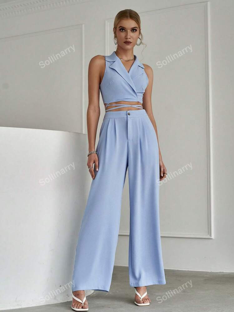 Sollinarry Crisscross Tie Back Crop Top & Wide Leg Pants Set | SHEIN