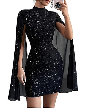 SOLY HUX Women's Sparkly Glitter Bodycon Mini Dress Sequin Long Bell Sleeve Mock Neck Prom Cockta... | Amazon (US)
