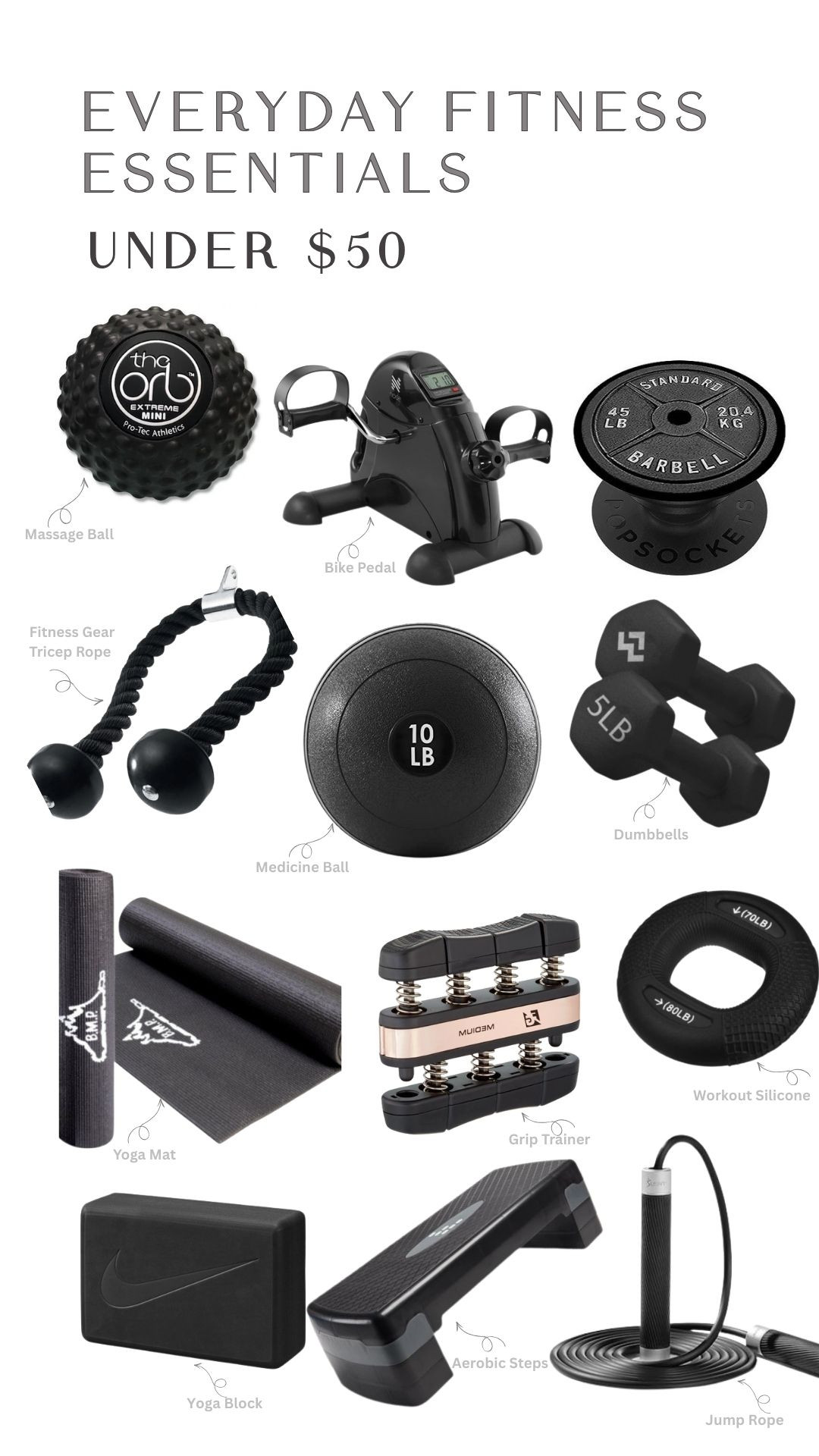 Build your home gym without overspending. These small fitness essentials under $50 include dumbbells, yoga mat, jump rope, resistance tools, and recovery must-haves — perfect for beginners and small spaces. 

 #LTKValentine #LTKselfcare #LTKHome