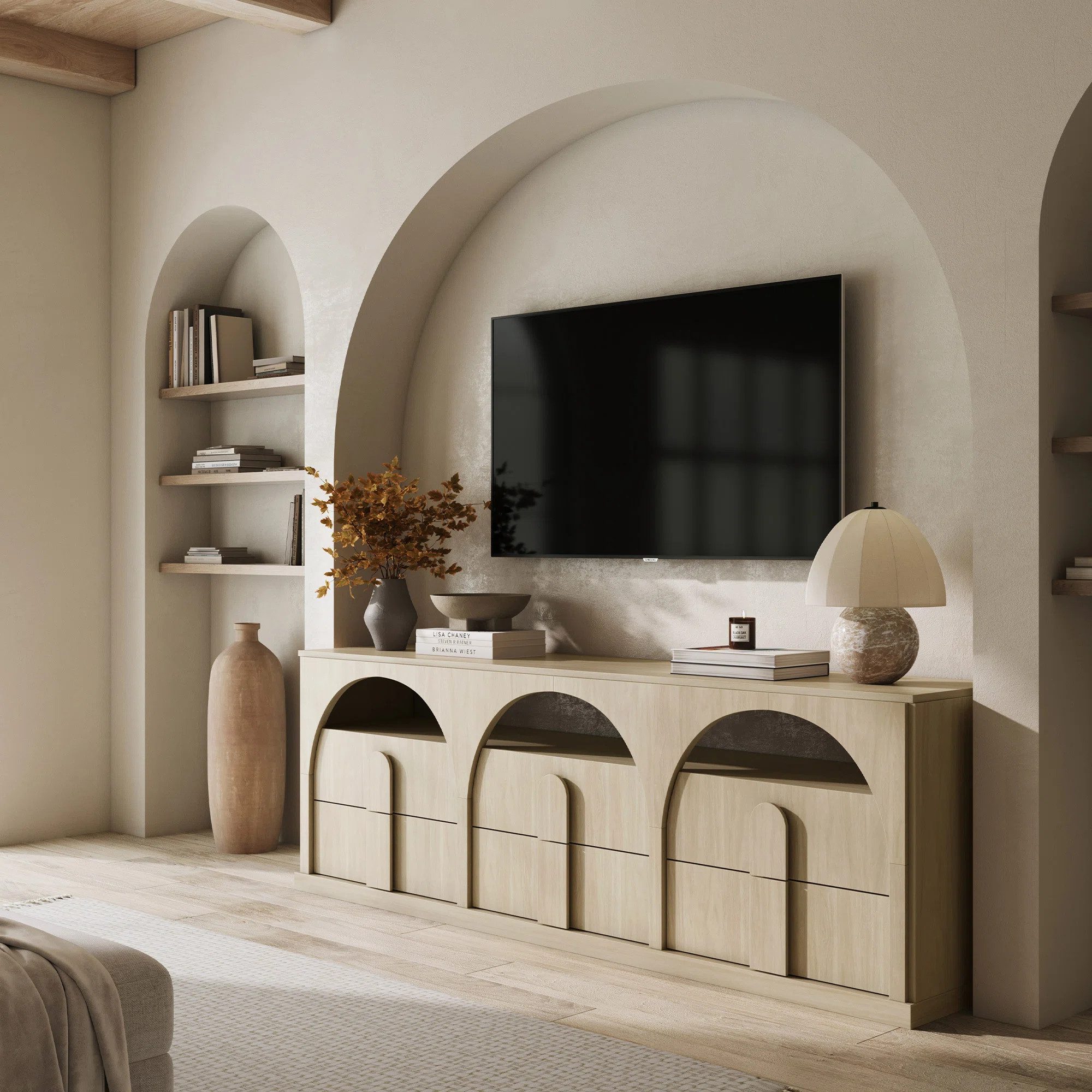 70" TV Stand for TVs up to 75" w/Drawers & Open Shelves, Sand | Wayfair North America