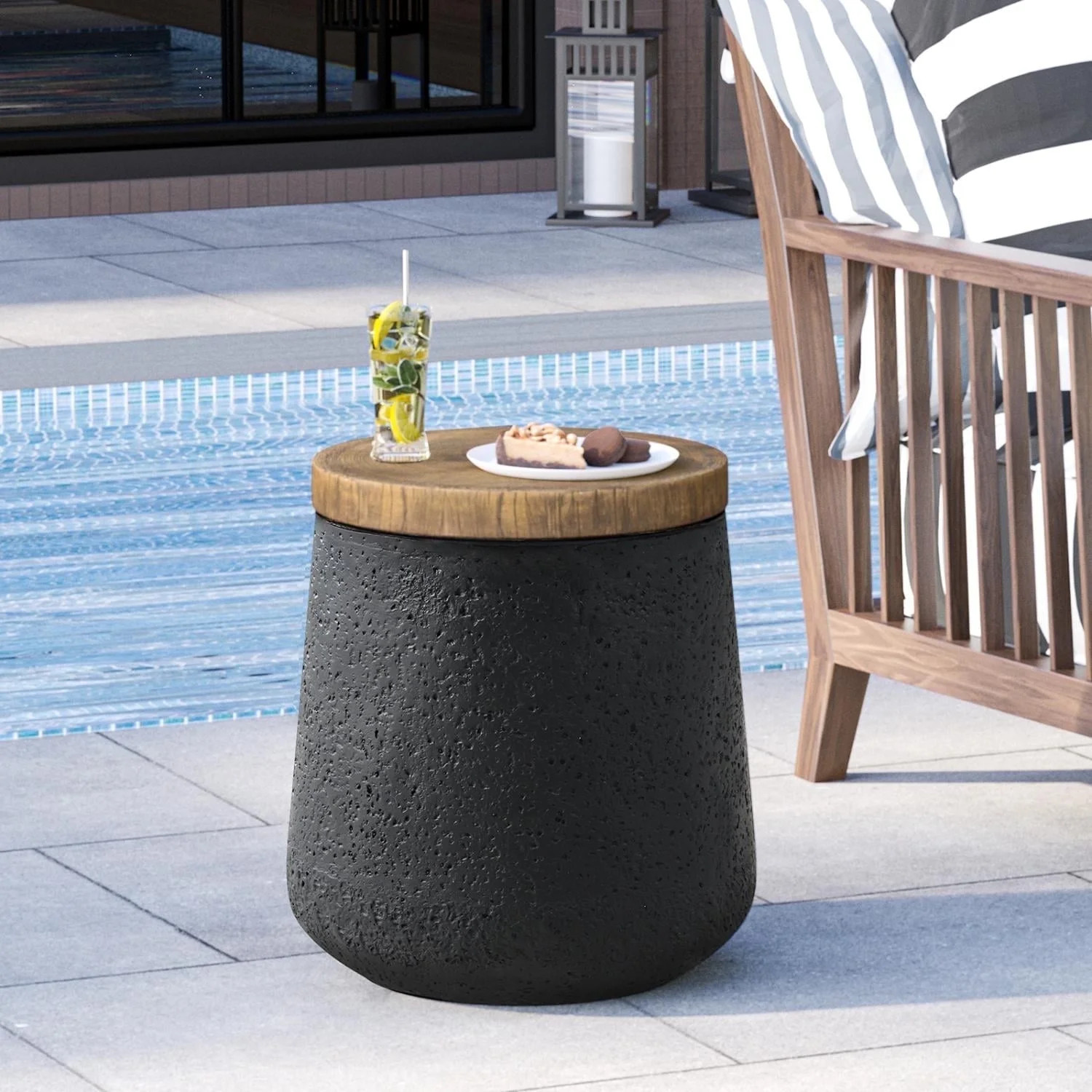 VENTOPYR Concrete Outdoor Side Table with Wood Grain Top,Small Cylinder Shaped Round Accent End T... | Walmart (US)