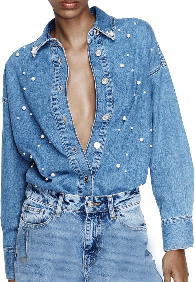 Women's Button Down Denim Shirt Pearl Beading Collared Casual Long Sleeve V Neck Jean Tops | Amazon (US)
