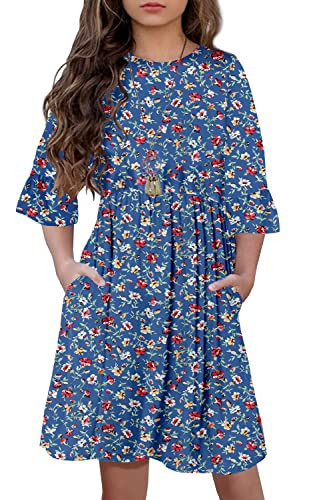 HOSIKA Girls Fall Floral Dress Boho Ruffle Sleeve A-Line Swing Party Dress | Amazon (US)
