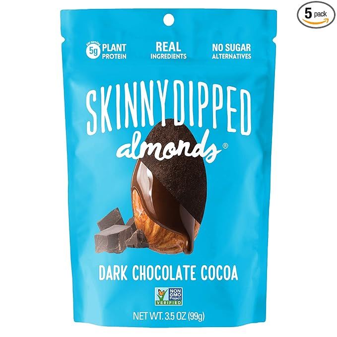 SKINNYDIPPED Dark Chocolate Cocoa Covered Almonds, 3.5 Ounce Resealable Bag, 5 Count | Amazon (US)