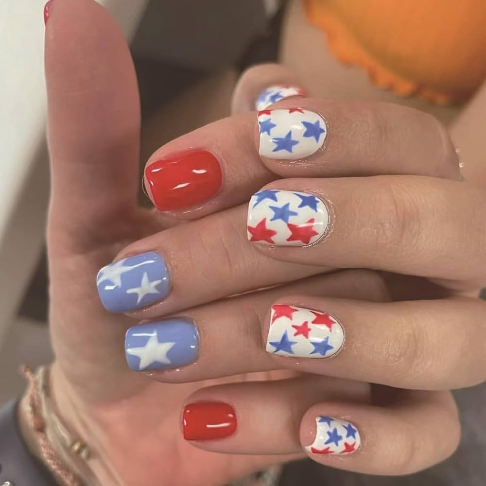 24 Pcs 4th of July Press on Nails Short Square Fake Nails Red Blue White Full Cover False Nails w... | Amazon (US)