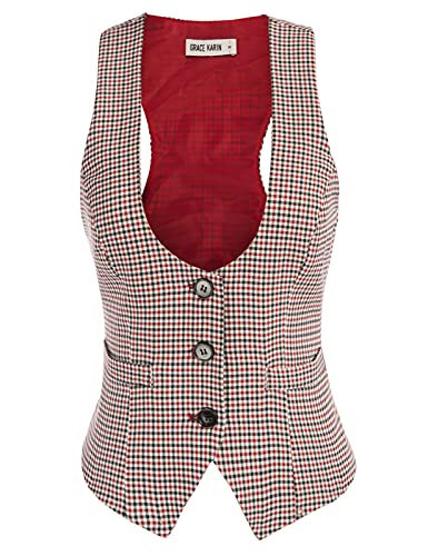 GRACE KARIN Womens Dressy Vests Plaid V Neck Button Down Vintage Suit Vest with Pockets(L, Plaid red) | Amazon (US)