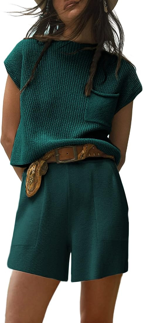 Lentta Women's Two Piece Knit Outfits Sweater Sets Solid Pullover High Waist Lounge Short Pants | Amazon (US)