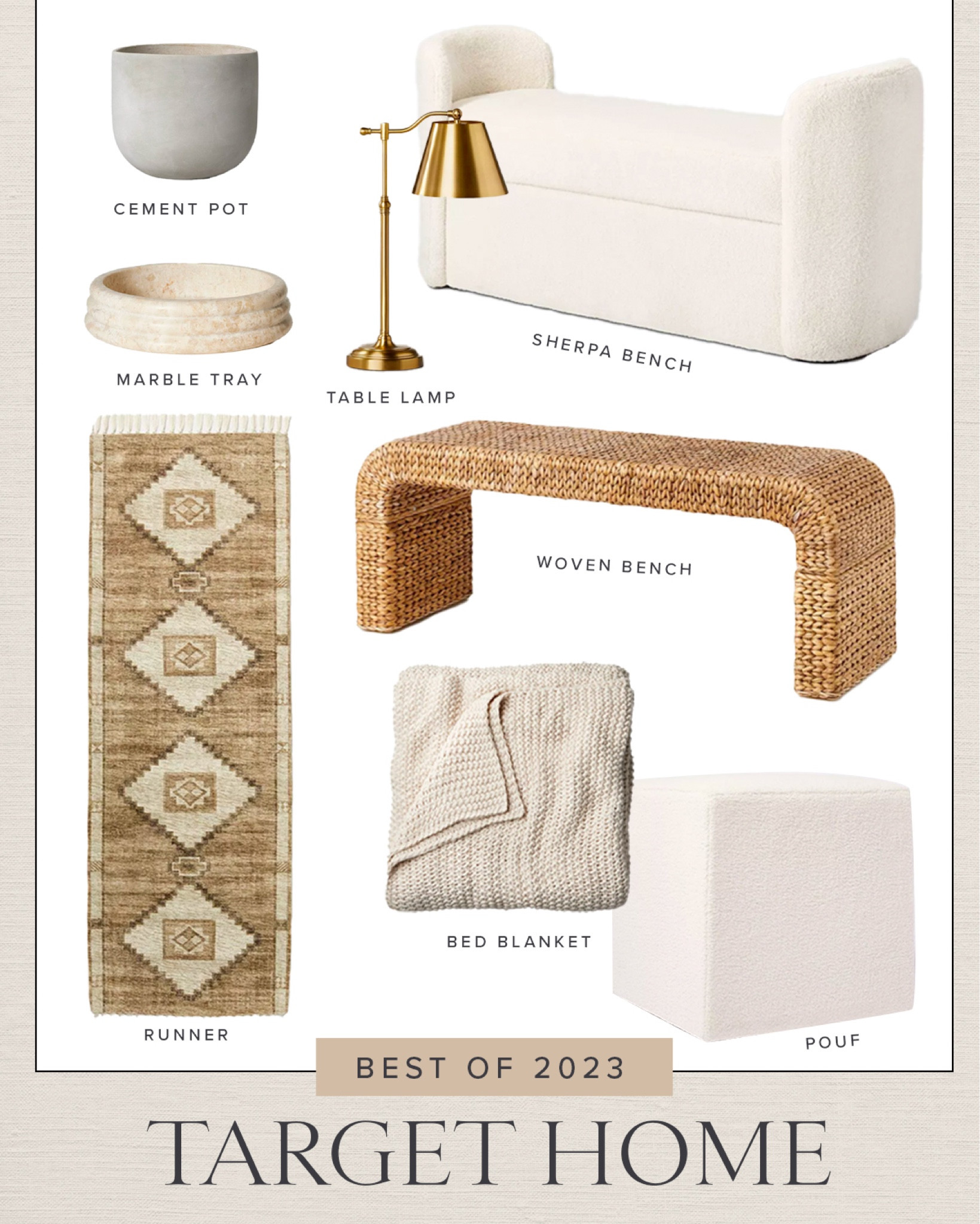 HOME \ best of 2023 Target finds 

Bench
Decor
Runner
Living Room
Bedroom
Entry 

#LTKfindsunder100 #LTKfindsunder50 #LTKhome