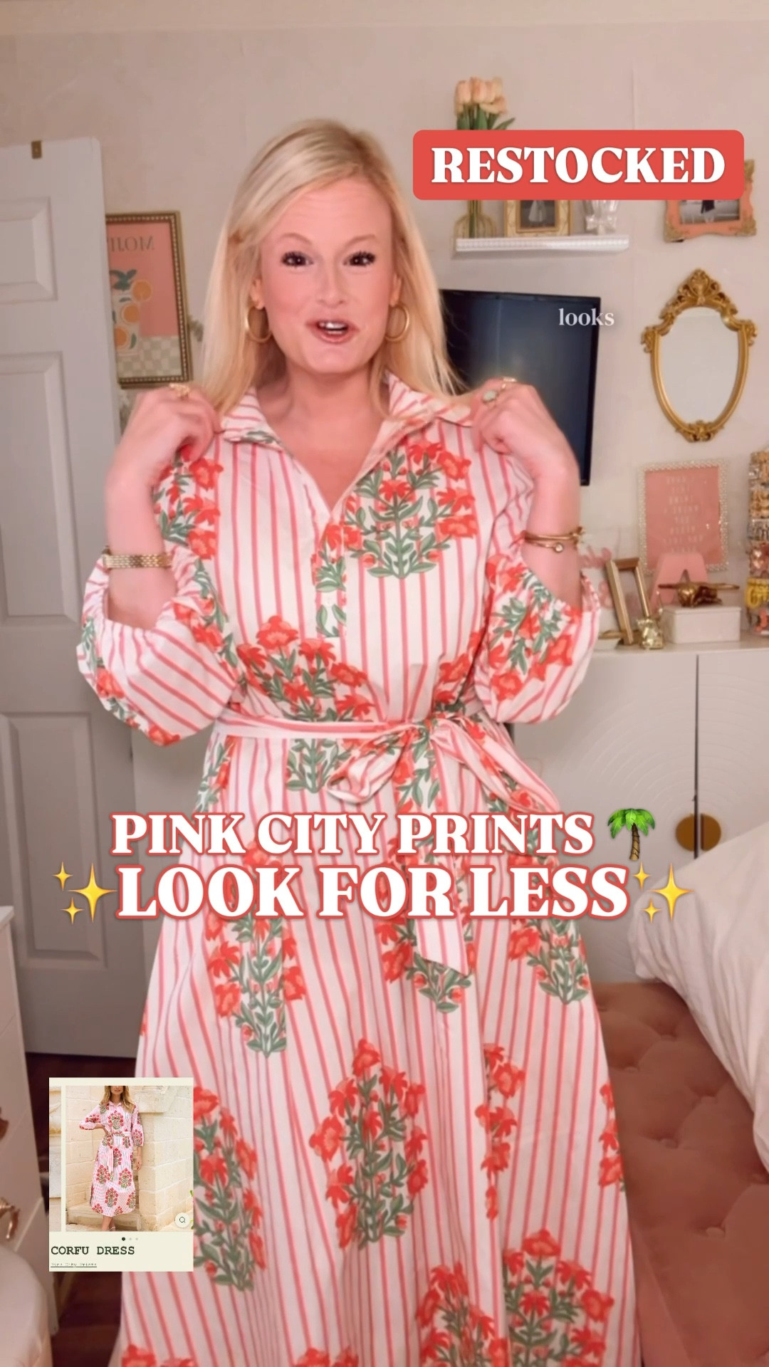 It’s back. The Pink City Prints Corfu dress look for less on Amazon. And it never stays in stock.

This one restocked and I am telling you immediately because the last time it was gone before most people even knew it existed.

The Pink City Prints Corfu dress retails for $272. This Amazon version has the entire DNA — the block print, the stripe ground, the relaxed resort silhouette, the button front, the tie waist — and it is a fraction of that price. Five stars. And I mean it.

100% cotton. Lightweight and breathable in a way that makes sense for every warm weather occasion on your calendar. The pink colorway is the one I am wearing and it is even better in person than it looks on screen. Also available in blue. 

Wear it loose for that effortless resort moment. Cinch the belt and it becomes something else entirely. Medium on me and it runs generous. Comfortable and flattering all day without a single adjustment.

Vacation. Garden party. Wedding guest. Brunch. Spring weekend. This dress does every single one of them without asking you to overthink it.

Pink City Prints look for less, Pink City Prints dupe, Pink City Prints Corfu dress dupe, Corfu dress look for less, block print dress women, pink block print dress, floral block print dress, cotton block print dress, resort dress women, spring dresses, spring dresses 2026, summer dresses women, vacation outfits beach, vacation dress women, resort wear women, preppy spring dress, preppy summer dress, preppy vacation dress, Palm Beach style dress, Palm Beach outfit, coastal style dress, spring outfits 2026, spring outfits women, summer outfits women, wedding guest dress spring, garden party dress, brunch dress women, floral midi dress, button front dress women, tie waist dress women, Amazon fashion finds, Amazon dress find, affordable designer dupe, luxury look for less dress, look for less spring dress, feminine spring dress, spring fashion 2026

#LTKFindsUnder100 #LTKFindsUnder50 #LookForLess #VacationOutfit #VacationOutfits #PinkCityPrints #WeddingGuestDress 

#LTKTravel #LTKWedding #LTKSeasonal