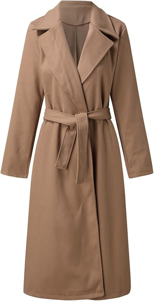 Women's Faux Wool Coat Blouse Thin Coats Trench Long Jacket Ladies Slim Long Belt Womens Ring Master | Amazon (US)