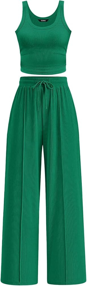 CFLONGE Summer Two Piece Sets for Women Casual Lounge Sets Tank Tops Wide Leg Pants Matching Set ... | Amazon (US)