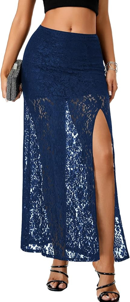 Rooscier Women's See Through Sheer Lace High Slit A Line Sexy Maxi Skirt with Under Skirt | Amazon (US)