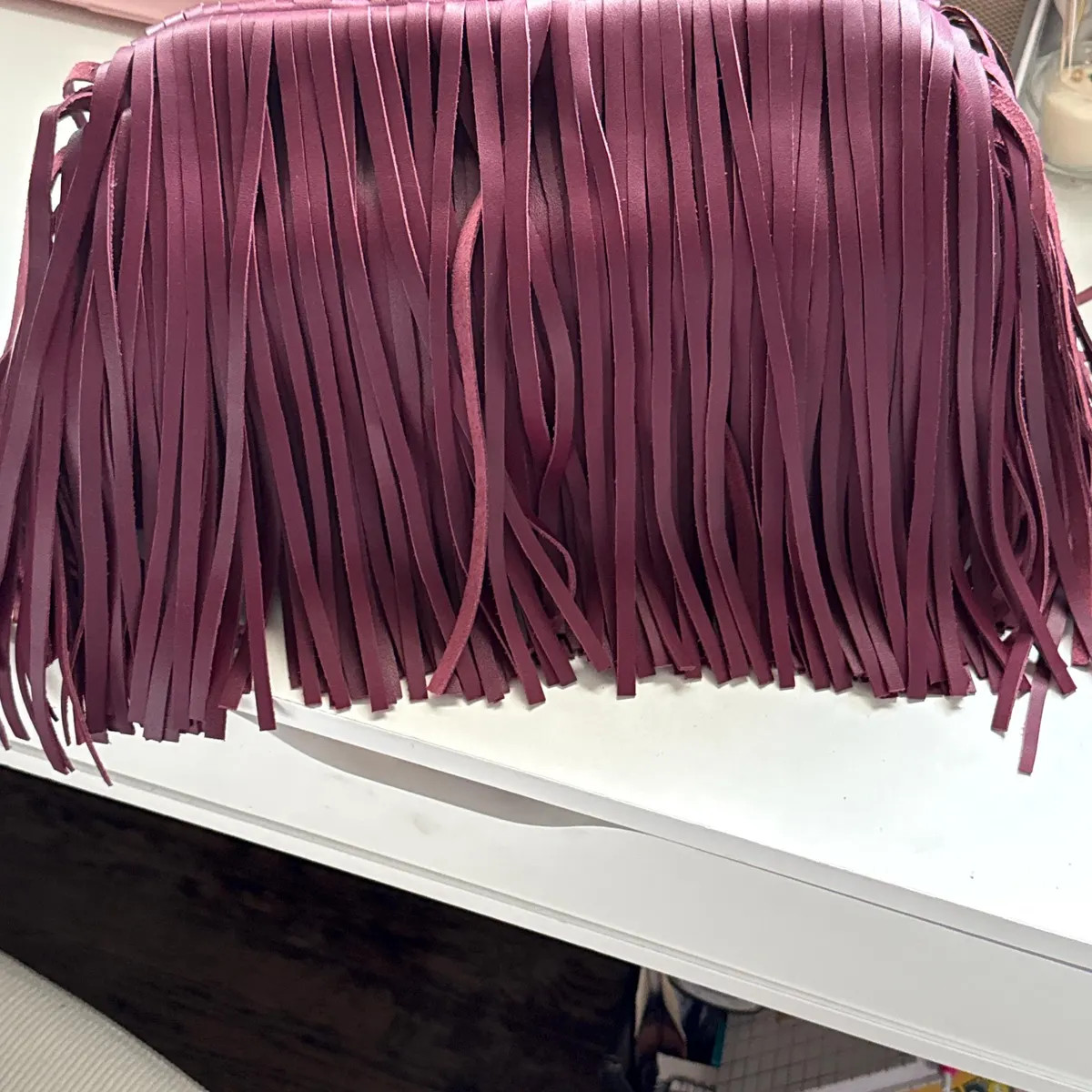 Burgundy genuine leather fringed framed clutch, Leather large cloud bag with tassels, Handmade Ov... | Etsy (Global)