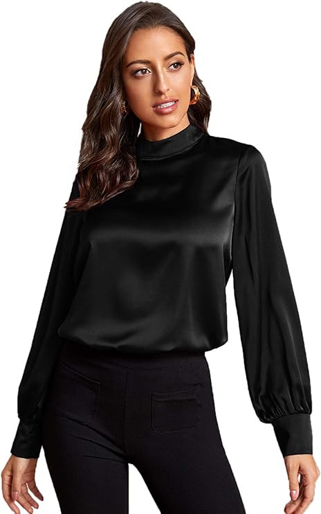 Verdusa Women's Elegant Mock Neck Long Sleeve Satin Blouse Top | Amazon (US)