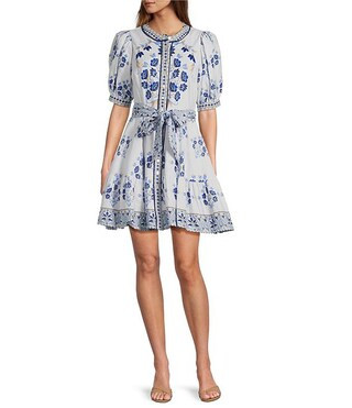 A Loves A Floral Woven Linen Round Neck Short Bubble Sleeve Button Front Tie at Waist A-Line Flou... | Dillard's