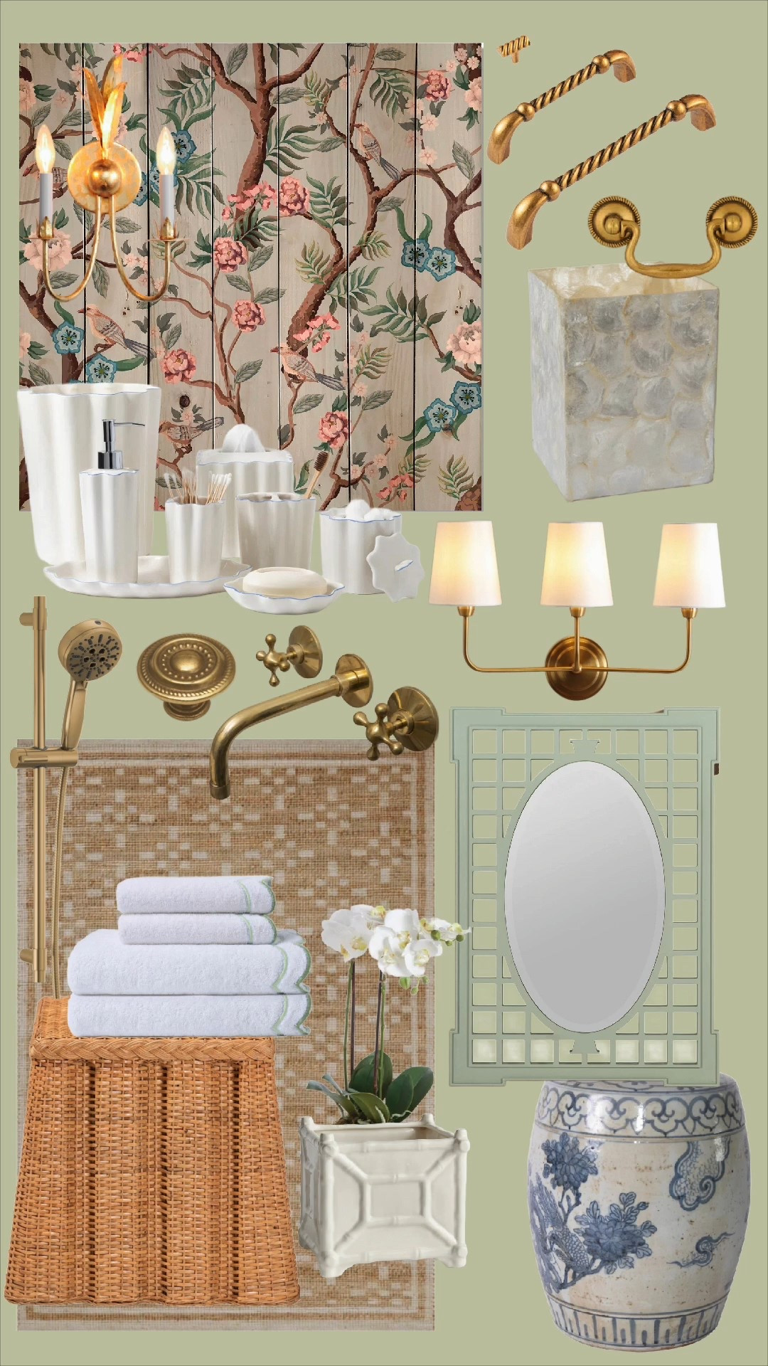 Bathroom refresh finds from Wayfair! 

Leaning fully into my Grandmillennial era with this powder bath mood board — think chinoiserie wallpaper, warm unlacquered brass, wicker texture, and blue & white accents that feel collected over time. This mix creates that cozy-but-polished bathroom moment that never goes out of style.

Everything linked for a classic bathroom refresh that feels designer without a full renovation 🤍

Chinoiserie botanical wallpaper mural• Unlacquered brass cross-handle faucet set• Brass handheld shower set + rain head• Brass twisted cabinet hardware pulls• Triple arm brass vanity sconce with fabric shades• Green lattice frame wall mirror• White scalloped ceramic bathroom accessories set (soap dispenser, tray, dish, tissue box)• Capiz shell tissue box cover with brass handle• Wicker lidded storage basket• Neutral mosaic bath rug• White towels with green trim• Blue & white chinoiserie garden stool• White ceramic orchid planter + faux orchid• Brass shower trim + diverter hardware

HASHTAGS#ltkhome #ltkstyle #ltkfinds #bathroomrefresh #powderroomdecor #grandmillennialstyle #traditionalhome #chinoiseriedecor #classicinteriors #timelessdesign #bathroomdecor #interiordetails #cozyhome #collectedhome #southernstylehome #homeinspo #interiorstyling #vintagestylehome #blueandwhitedecor #brassfixtures #traditionalbathroom

#LTKHome