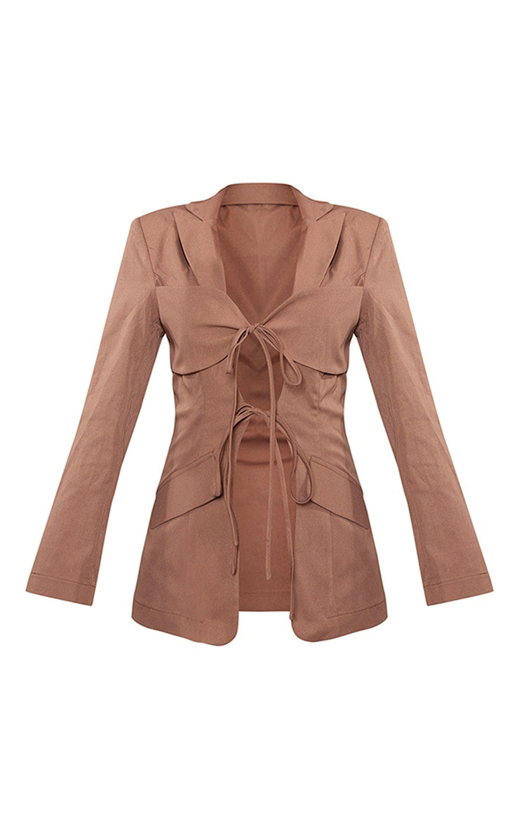 Petite Taupe Tie Detail Fitted Blazer | PrettyLittleThing US