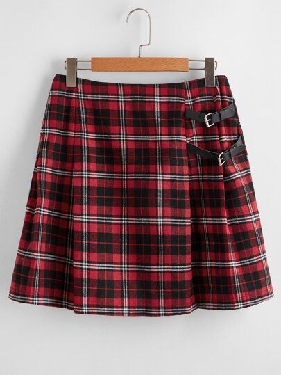 Plus Buckle Detail Tartan Pleated Skirt | SHEIN