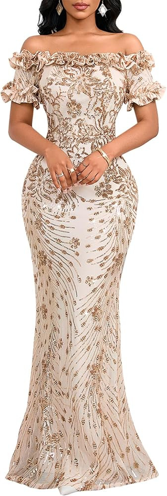 Women Sexy Sequin Off Shoulder Ruffle Short Sleeve Bodycon Mermaid Party Formal Evening Maxi Dres... | Amazon (US)