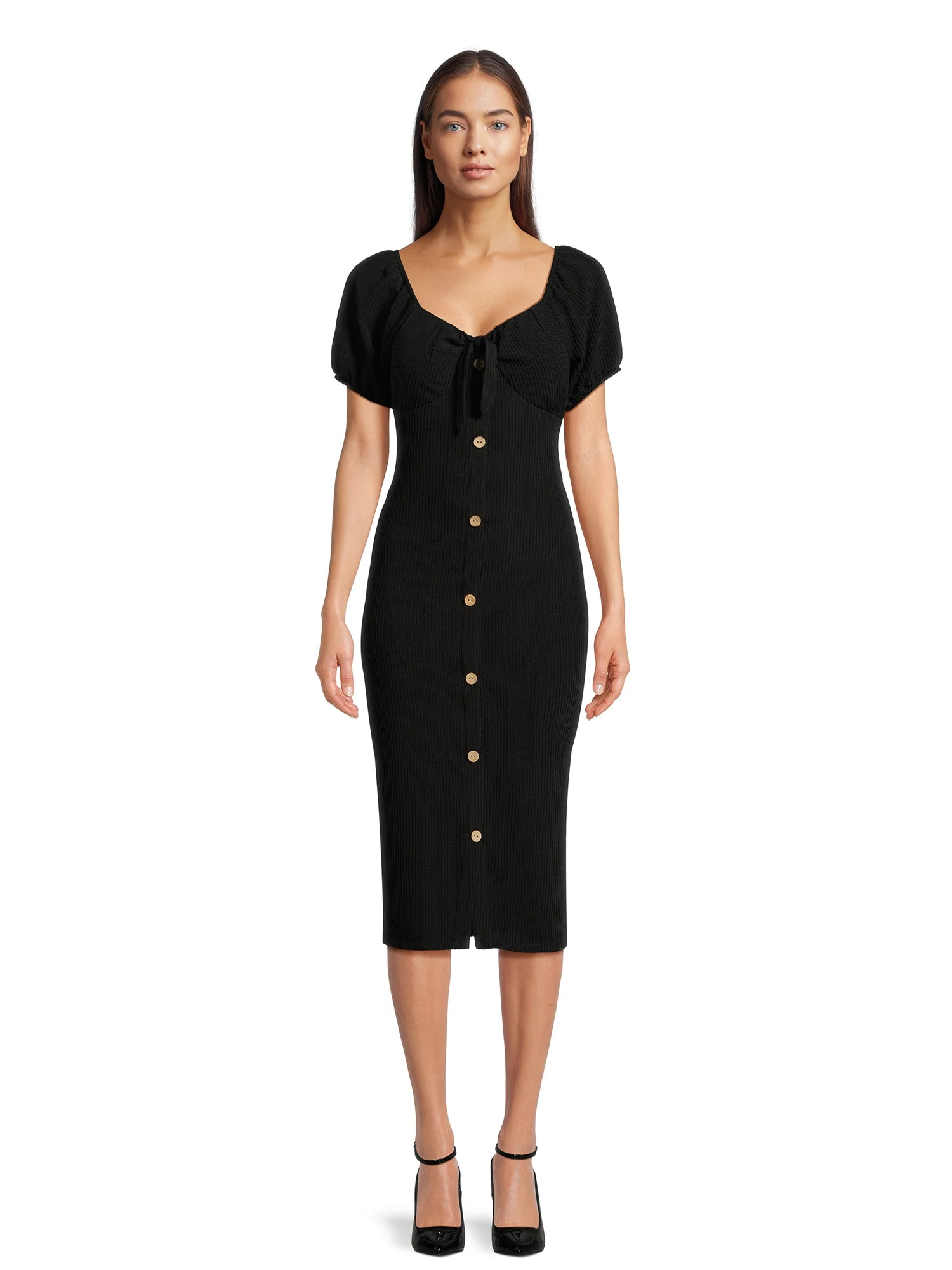No Boundaries Juniors Wiggle Knit Dress with Short Puff Sleeves, Sizes XS-3XL | Walmart (US)