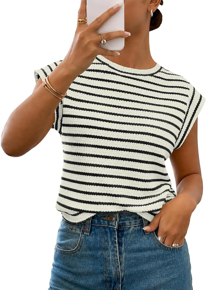 WIHOLL Womens Striped Sweater Vest Tops Cap Sleeve Knit Shirts Crew Neck Lightweight Summer Casua... | Amazon (US)