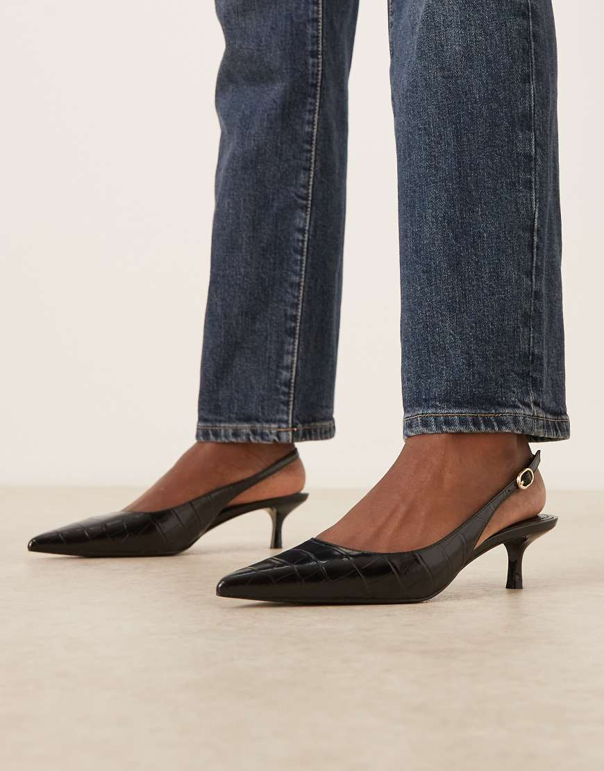 Mango faux croc textured slingback kitten heels in black | ASOS (Global)