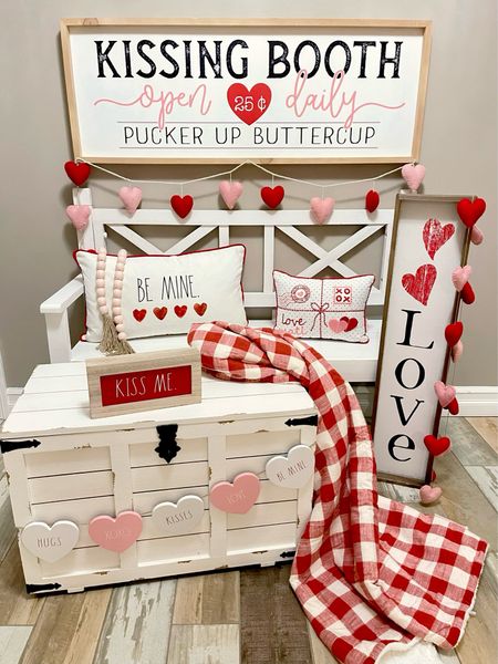 💋Pucker Up! Create the cutest Valentine’s Day entryway with a white farmhouse bench, a distressed chest, whimsical heart garland, a LOVE wood porch sign, cozy pillows, a Buffalo check blanket and an enchanting kissing booth wall sign! #LTKRefresh#LTKBeMine

#LTKhome #LTKSeasonal #LTKFind