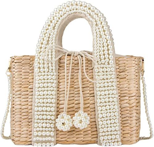 Straw Bag for Women Pearl Shoulder Bag with Lining Medium Purse for Summer Vacation | Amazon (US)