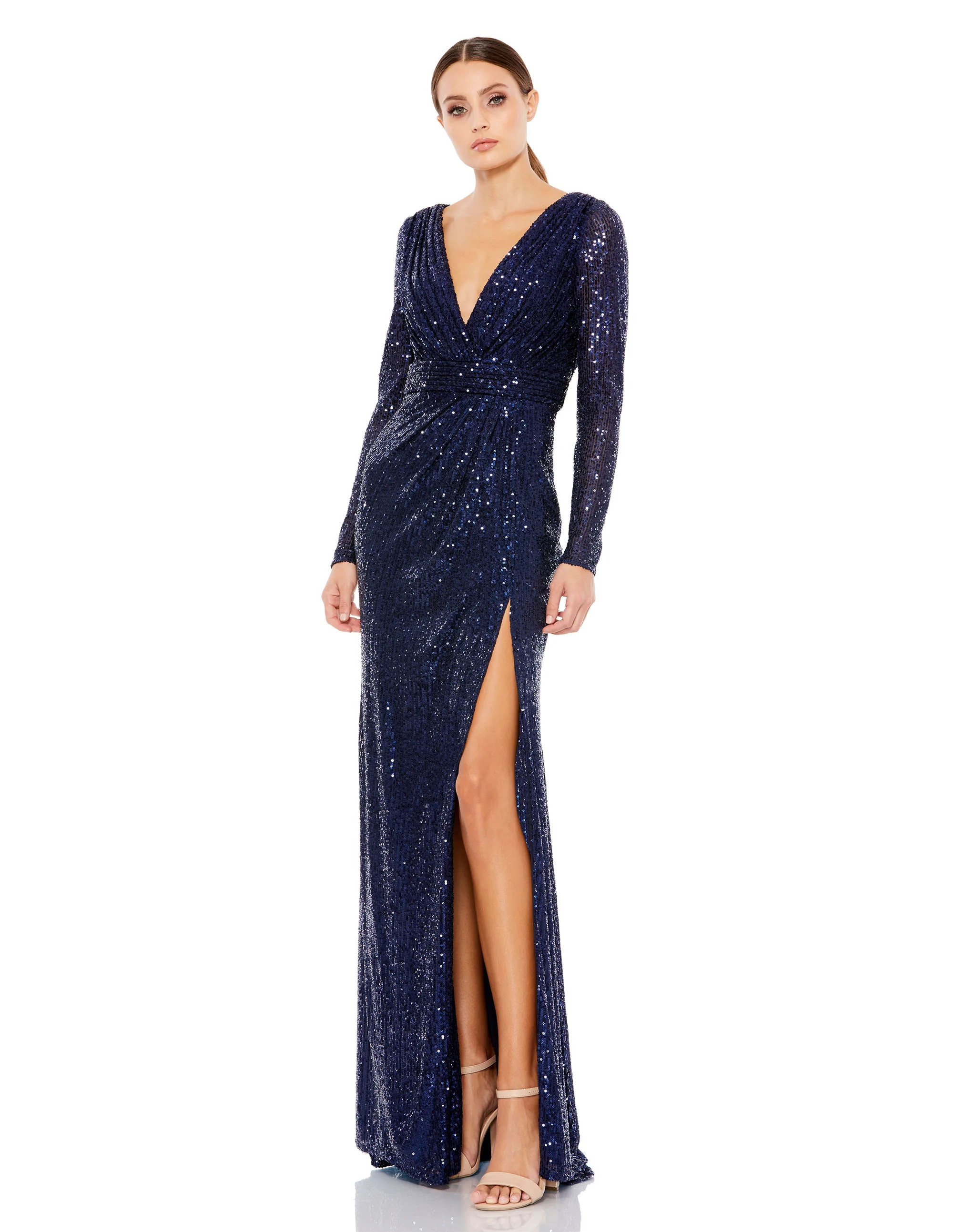 Long Sleeve Ruched Faux Wrap Sequined Gown | Mac Duggal