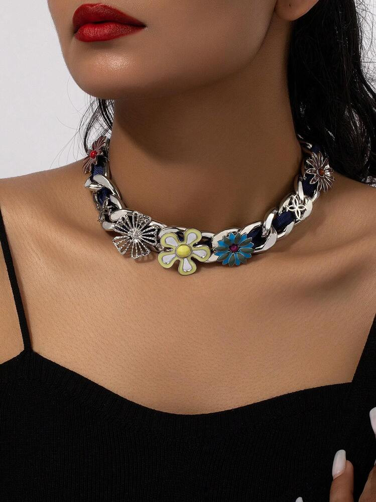 1pc Vintage Titanium Steel Necklace With Ribbon And Flower Decor Design For Women, Suitable For Daily Wear Valentines | SHEIN