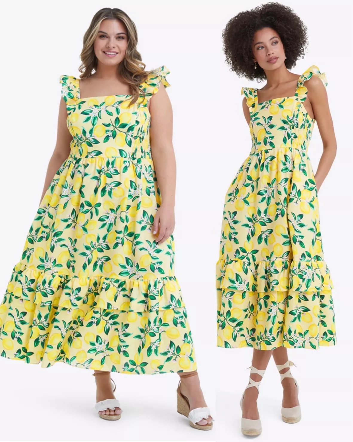 Scallop hem Dress Lemon Print Top Striped Ruffle Sleeve Dress