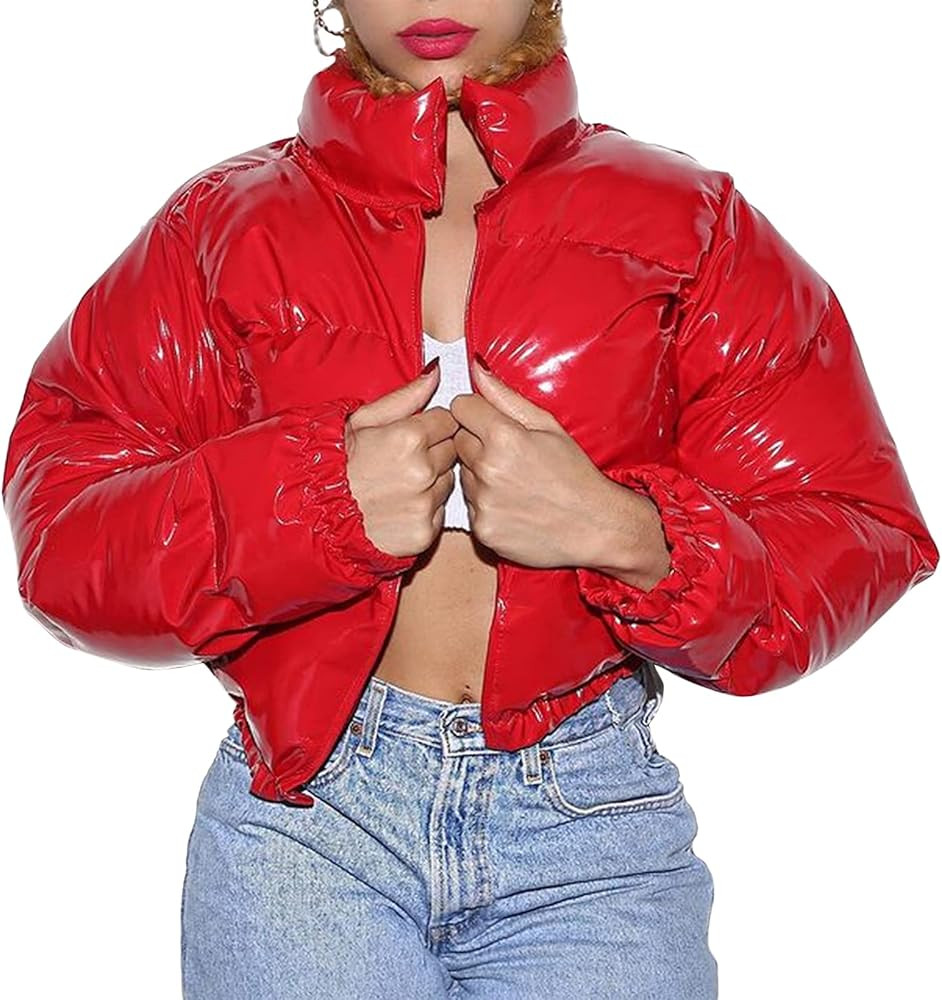 Women Zip Up Quilted Parka Puffer Jackets, Long Sleeve Stand Collar Metallic Cropped Down Jackets | Amazon (US)