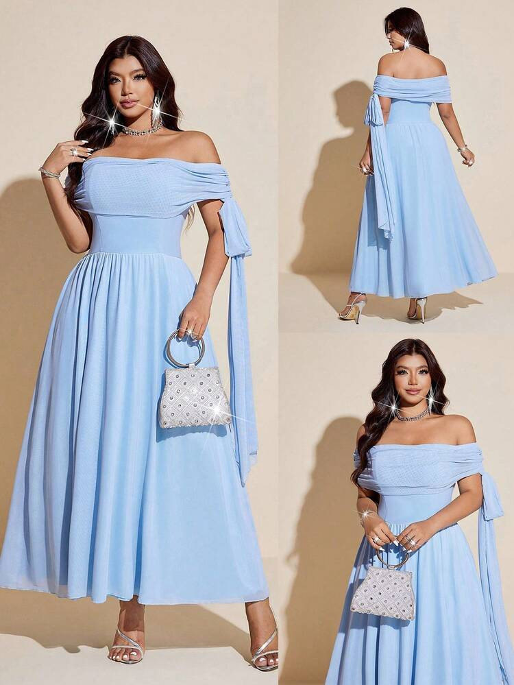 SHEIN Galaire Plus Size Women's Summer Blue 2026 New Design Off-Shoulder Waist Cinched Mesh Patchwork Tie-Up Long Elegant Dress, Casual, Commute, Business Office, Daily Wear Women's Off Shoulder Dress Women Formal Dress Women's Elegant Dress Women Maxi Dress Women Blue Dress Best Selling Dresses Dresses For Women Off Shoulder Dresses For Woman Long Casual Dresses For Woman | SHEIN