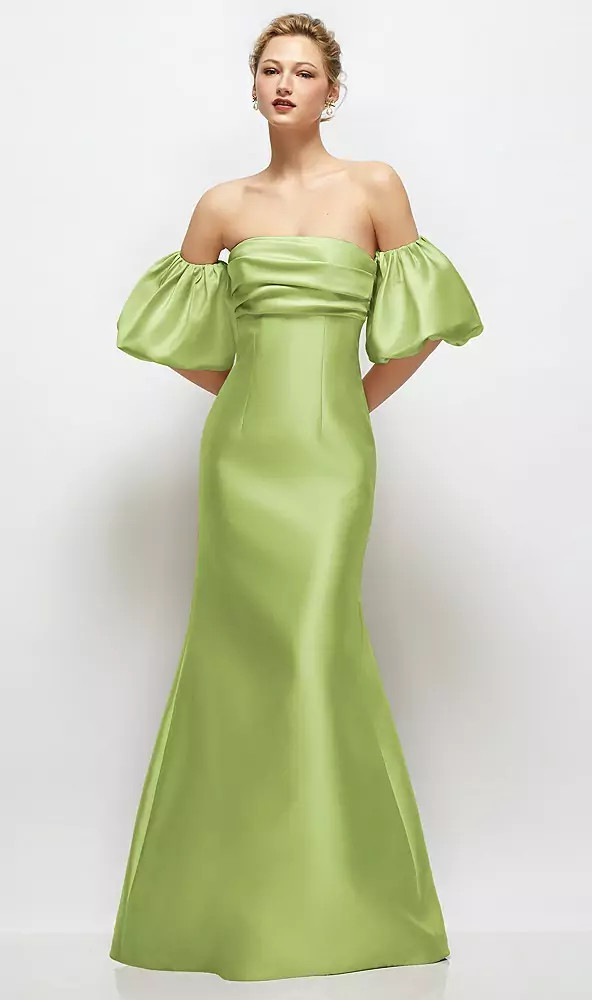 Off-the-Shoulder Puff Sleeve Satin Maxi Dress with Flared Skirt in Mojito | Dessy Group
