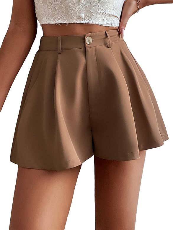 Verdusa Women's Elastic High Waist Pleated Wide Leg Shorts with Pocket | Amazon (US)