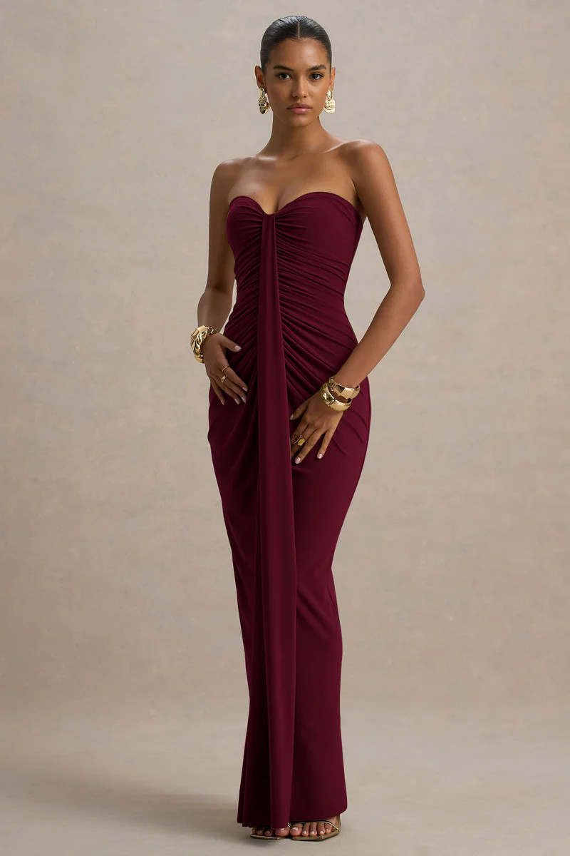 Ali  Burgundy Sweetheart Ruched Wrap Maxi Dress | Club L London