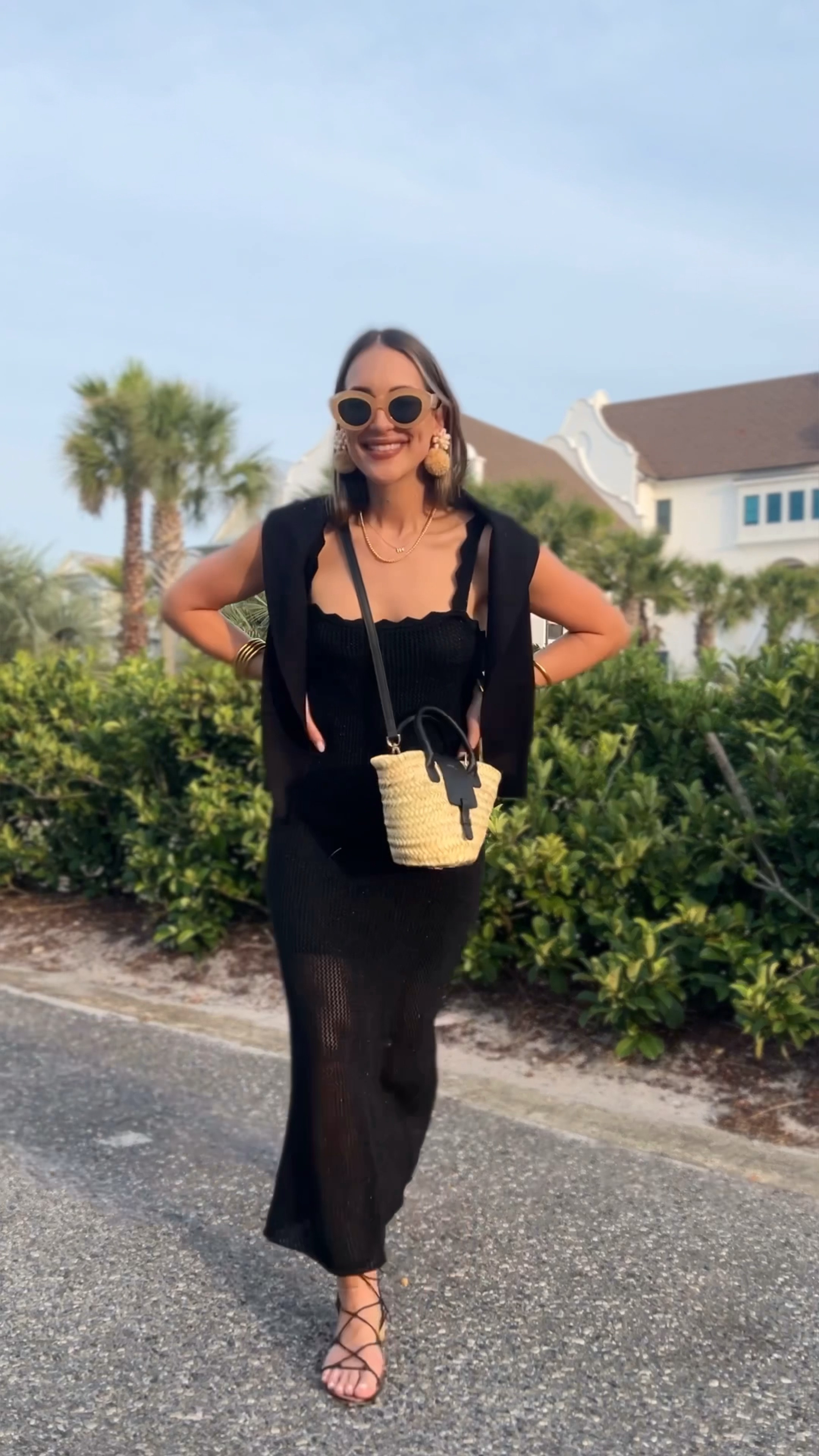 Black knit midi dress, super soft black cardigan, straw paris 64 crossbody bag, shell earrings - 

sandals are old here - linked similar style!
