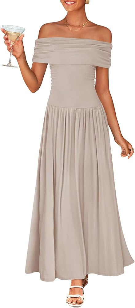 ZESICA Women's Off The Shoulder Maxi Dress 2026 Summer Sleeveless Casual Slim Swing Pleated Forma... | Amazon (US)