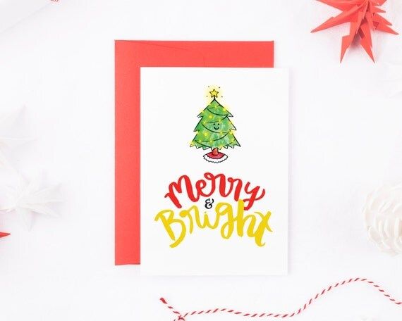 Merry and Bright Christmas Card - Funny Christmas Card - Christmas Card Set - Christmas Tree Card -  | Etsy (US)
