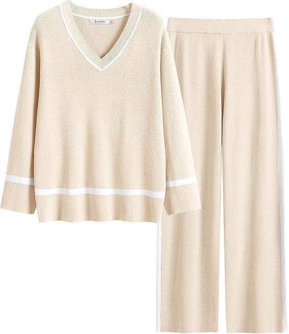 ANRABESS Women's 2 Piece Outfits Long Sleeve V Neck Knit Sweater Top and Wide Leg Pants Lounge Se... | Amazon (US)