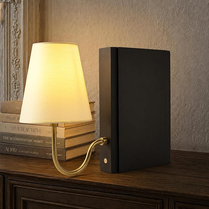 AELS Wooden Bookshelf Lamp with Bulb, Cordless Rechargeable Touch Dimmable Table Lamp with Linen ... | Amazon (US)