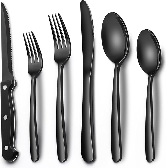 Black Heavy Duty Silverware Set, 24-Piece Stainless Steel Flatware Set with Steak Knives for 4, F... | Amazon (US)