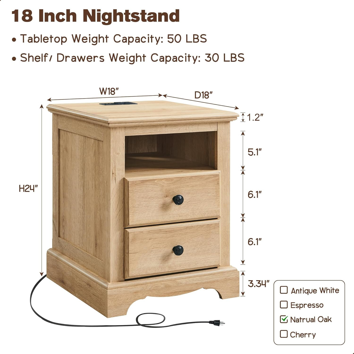 T4TREAM Nightstand with Charging Station, 18 Inch Vintage End Table with 2 Drawers, Wood Rustic S... | Amazon (US)